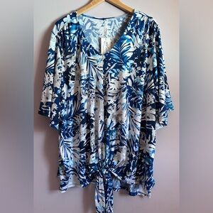NWTs NY Collection Blue and White Floral V-Neck Tie Front Blouse Size 3X